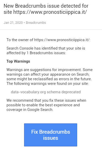 New Breadcrumbs issue detected for site https://www.nomesito.ext To the owner of ..